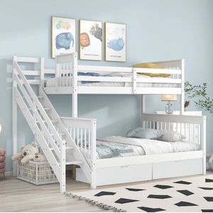 Sweiko Stapelbed, Kinderbed met zijladder, met valbeveiliging rooster en MDF laden, dennenhouten bedframe, Kan worden onderverdeeld in een- en tweepersoonsbedden, Wit, 90x200cm, 140x200cm