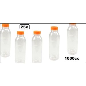 25x Flesje helder 1000cc met oranje dop - drink fles vruchten sap limonade drank