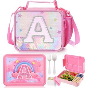 Geïsoleerde lunchtas voor kinderen - meisjes glanzende lunchtas met bento-lunchbox - gepersonaliseerde lunchboxtas set - peuter koeltas voor school met flessenhouder en schouderriem