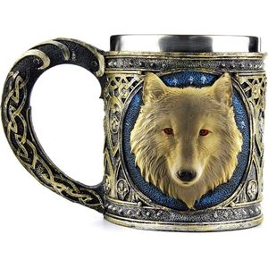 Ezeso Wolf mok voor thee, wijn wolf mok, bier wolf reisbeker, roestvrij staal beker draak, roestvrij staal en hars, roestvrij staal kunsthars, wolvenbeker (440 ml)