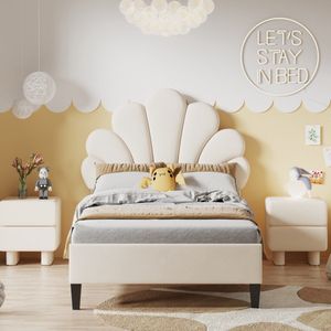 Gestoffeerd kinderbed 90 x 200 cm, bedframe met bloemvormig hoofdeinde en lattenbodem, tienermeisjesbed van huidvriendelijke fluweelstof