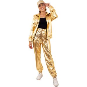 PartyXplosion - Glitter & Glamour Kostuum - Gouden Metallic Retro Trainingspak Proud To Be Goud Dames - Vrouw - goud - Medium - Carnavalskleding - Verkleedkleding - Carnaval kostuum dames