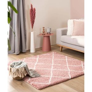 Vierkant hoogpolig vloerkleed ruiten Artisan - roze/wit 200x200 cm