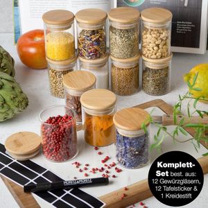 Set van 12 kruidenpotjes, elk 125 ml, glazen kruidenpotjes inclusief tafelsticker en krijtstift, luchtdichte kruidenpotjes met bamboedeksel voor specerijen, kruiden en thee