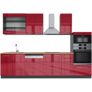 Vicco Fame-Line Complete keukeneenheid – 300 cm met hoge kast, WB Eik Bordeaux hoogglans/antraciet met hoge kast, WB Eik