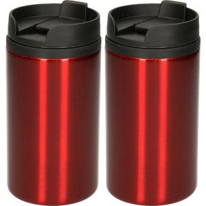 2x Warmhoudbekers metallic/warm houd bekers rood 320 ml - RVS Isoleerbekers/thermosbekers voor onderweg