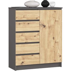 Grafiet Grijze & Artisan Eik Dressoir K80 - 1 Deur, 5 Lades, 80cm Breed