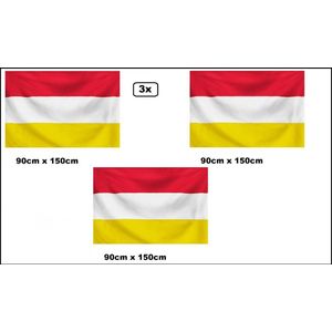 3x Vlag 90cm x 150cm rood/wit/geel - met ophang ogen - carnaval festival thema party fast food gala feest