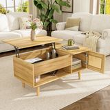Elegante salontafel - Opklapbaar blad & rieten deuren - Houtkleur met zwarte accenten - Praktische opbergruimte