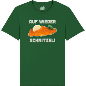 Auf Wieder schnitzel! - Grappige Apres Ski en Bier Wintersport Kleding - Mannen / Vrouwen / Unisex - Foute Ski en Snowboard Vakantie Outfit Cadeau - Unisex T-Shirt - Bottle Groen - Maat L