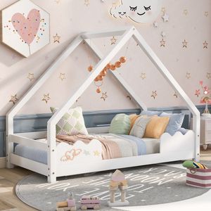 Modern massief houten peuterbedframe met huisdak-huisbed 80x160cm -Wit hutbed met uitvalbeveiliging-voor kinderen tieners