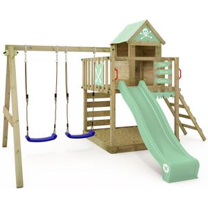 WICKEY speeltoestel klimtoestel Smart Cave met schommel & pastelgroene glijbaan, outdoor klimtoren voor kinderen met zandbak, ladder & speelaccessoires voor de tuin