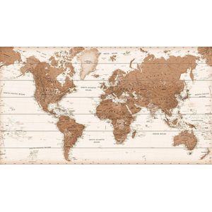 Wereldkaart Hout Sepia voor aan de Muur | 105 x 60cm| Gratis 100 prikkers en ophangsysteem