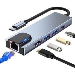 USB C Hub Multiport Adapter, 5-in-1 USB C Docking Station met 4K HDMI, RJ45 Ethernet, USB 3.0, 100W PD, Geschikt voor: MacBook Pro/Air, iPad Pro, iPad Mini 6, Surface Pro en meer type C-apparaten