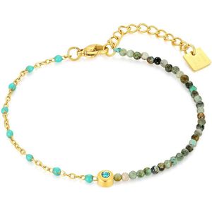 Twice As Nice Armband in goudkleurig edelstaal, turquoise email bolletjes, 1 kristal 16 cm+3 cm
