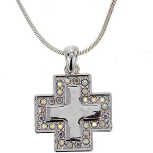 Behave Zilver-kleurige ketting met kruis met ab kristal steentjes