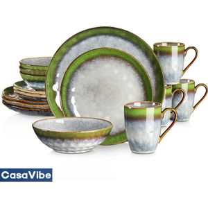 CasaVibe Luxe Serviesset – 16 delig – 4 persoons – Porselein - Bordenset – Dinner platen – Dessertborden - Kommen - Mokken - Set - Groen - Wit