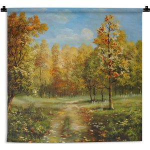 Wandkleed Bossen en bomen illustratie - Een illustratie van herfstachtige bomen in een bos Wandkleed katoen 90x90 cm - Wandtapijt met foto