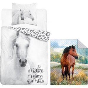 Dekbedovertrek wit Paard- 1 persoons- katoen- dubbelzijdig- ""Smile"" - dekbed Horse, incl. paarden deken- Bedsprei- 170x210.