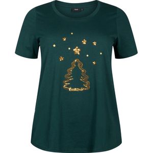 ZIZZI MCHRISTMAS, S/S, STRAIGHT TEE Dames T-shirt - Dark Green - Maat L (50-52)