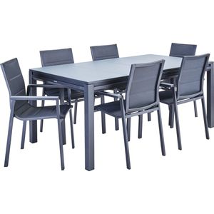 NATERIAL - Tuinmeubelset voor 6 personen - Tuintafel AQUILA 180/220x100 cm - Uitschuifbare tafel - 6 tuinstoelen ORION GAMMA met armleuningen - Tuinfauteuil - Stapelbaar - Zitgroep -