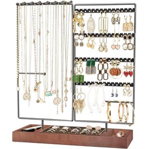 Jewelry Stand Organizer Earring Holder 144 Gaten Stud Earring Display Rack Necklace Holder Storage Tower met verwijderbare houten Ring Tray - Zwart