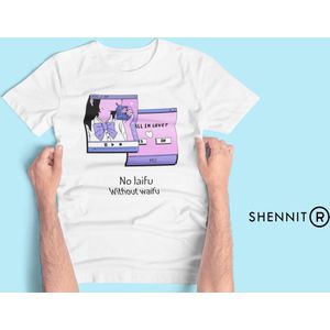 Anime E-girl Waifu Cosplay Otaku Weeb Japan T-Shirt | No Laifu Without Waifu Valentijnscadeau Wife | Internet meme | Grappig | Cadeau voor nerd en geek gamer | Unisex Maat XL Wit