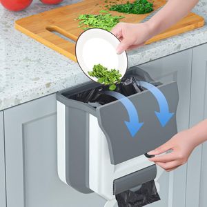 Opvouwbare hangende afvalemmer met deksel, 2,4 gallon, afvalemmer ophangbaar voor keukenafvalemmer voor keuken/camping/auto/badkamer/kantoor/slaapkamer (grijs)