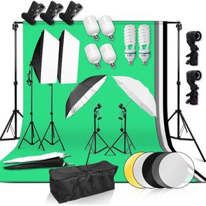 Fotografie Studio Set - Complete Set - Fotostudio - LED Softbox - Paraplu - Lampen - Studio Lampen - Achtergronddoek - 4 Kleuren