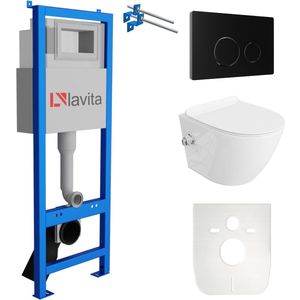 LAVITA® Inbouwreservoir Complete Toiletset LAV 101 - Inbouw WC Hangtoilet Wandcloset SALTO Wit Hoogglans - Bedieningsplaat 200.4.4 Zwart - Voorwandelement voor toilet 40cm - Installatiesysteem