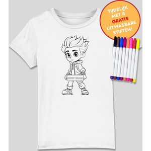 Inkleurbaar t-shirt kinderen – stoere jongen - kinderspeelgoed – 3 tot 8 jaar - eigen naam – gepersonaliseerd – kleuren – viltstiften voor kinderen – t-shirt