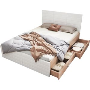 Merax Tweepersoonsbed 140 x 200 cm met 2 Opberglades – Houten Bedframe met Lattenbodem - Modern Design in Eiken en Wit (Exclusief Matras)