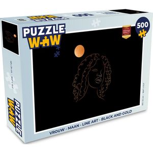 Puzzel Vrouw - Maan - Line art - Black and gold - Legpuzzel - Puzzel 500 stukjes