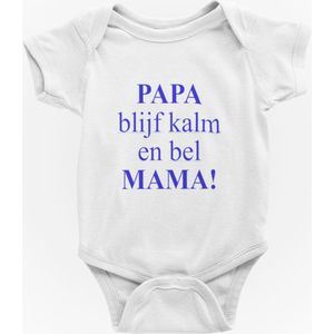 Passie voor stickers Baby rompertje: Papa blijf kalm en bel Mama blauw 62/68