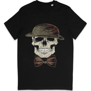 Grappig T Shirt Heren Dames - Doodshoofd Skull Cartoon Print - Zwart - Maat XS