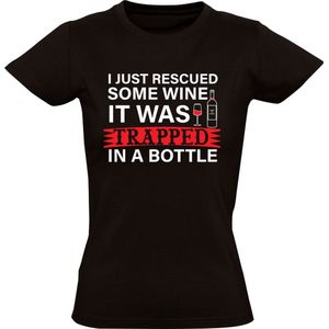 I just rescued some wine it was trapped in a bottle Dames T-shirt - wijn - fles - drank - drinken - zuipen - glas