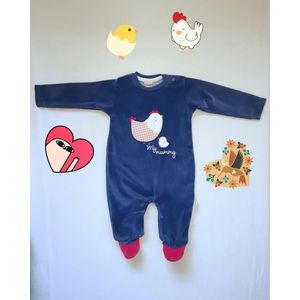 Bebitof Baby Rompertje - Schattig Kleine Kuiken en Moederkloek  - Marineblauw -  6-9 Maanden - Fluwelen doek  Unisex -  Lange mouw Romper