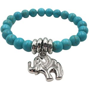 Marama - armband Turquoise Olifantje - elastisch 19-22 cm. - edelsteen Howliet - hanger olifant - damesarmband