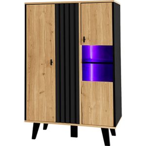 Zijkasten, dressoirs, vitrinekasten met glas en LED-verlichting. een combinatie van zwart en houtkleuren, zwart houtstreepontwerp