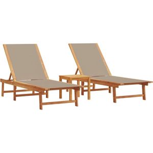 vidaXL Ligbedden met Tafel - Acaciahout - Set van 2 Ligbed - Lounge Stoel - Tuinset - Acacia Hout - Textiel