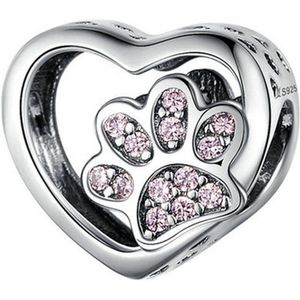 Bedel Hond Roze - Geschikt voor Armband - Bedels voor Dames - Hondenpoot - Dieren - Hondenpootje - Bedels voor Armband Zilver - 925 Sterling - Per stuk