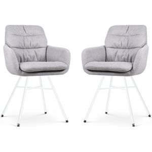 Nolon Noa-Mia Eetkamerstoelen Set van 2 Grijs - met Armleuning - Stof - Witte Poten - Comfortabel - Scandinavisch