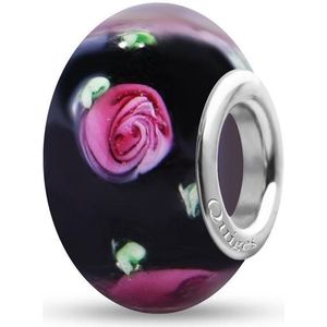 Quiges - Glazen - Kraal - Bedels - Beads Zwart met Roze Rozen Past op alle bekende merken armband NG2025