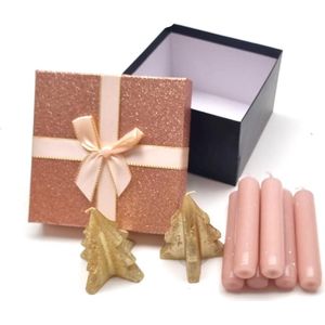Cactula glitter doos roze met strik met 2 gouden kerstboom kaarsjes en 6 korte dinerkaarsen in Rose Gold kleur