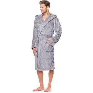 Fleece badjas lichtgrijs - mouwborduring #Best - capuchon - kuitlengte - maat XL