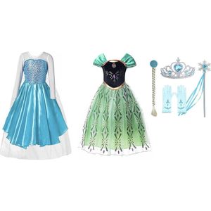 Prinsessenjurk meisje - Anna groene jurk - Elsa jurk - Het Betere Merk - 2 x verkleedjurk - Carnavalskleding kinderen - Prinsessen Verkleedkleding - 98/104 (110) - Cadeau meisje - Prinsessen speelgoed - Kleed