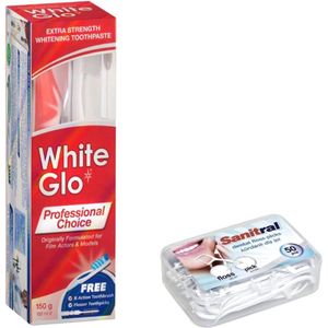 White Glo Professional Choice extra sterke tandpasta 100 ml + tandenborstel (inclusief Sanitral 50 flosssticks)