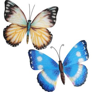 Tuin/wand decoratie muurvlinders - set 2x - metaal - wit/blauw - 31 x 23 cm