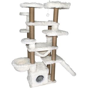 Topmast Krabpaal Fluffy Malta - Wit - 166 x 65 x 173 cm - Krabpaal voor Grote Katten en Zware Katten - Met Kattenhuis en Hangmat - Stevig Sisal Touw