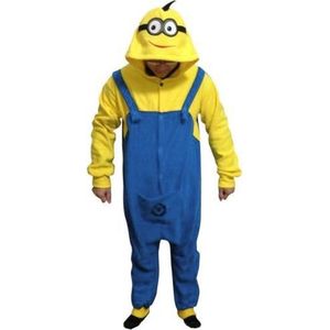 KIMU Onesie Geel Blauw Overall Pak - Maat S-M - 158 164 Monster Kostuum Jumpsuit Huispak Fleece Pyjama Dames Heren Volwassenen Minions Festival